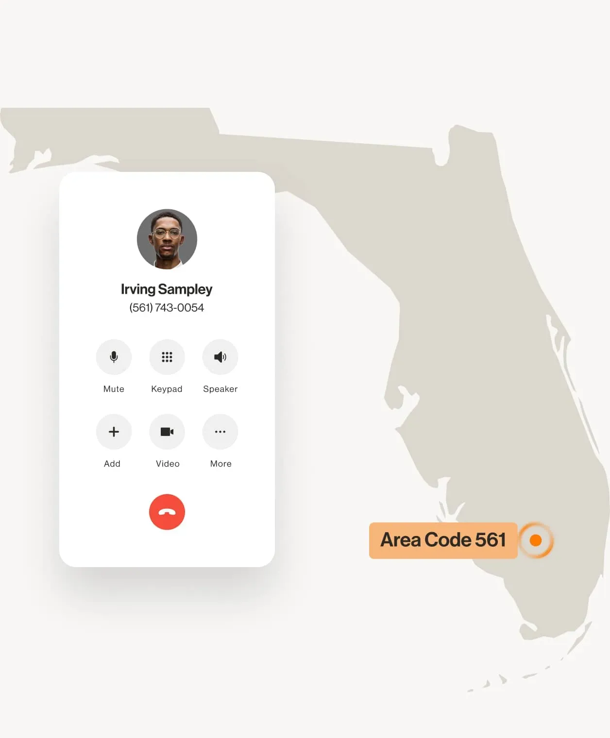 An image of a call going to a 561 area code phone number over the map of Palm Beach, Florida