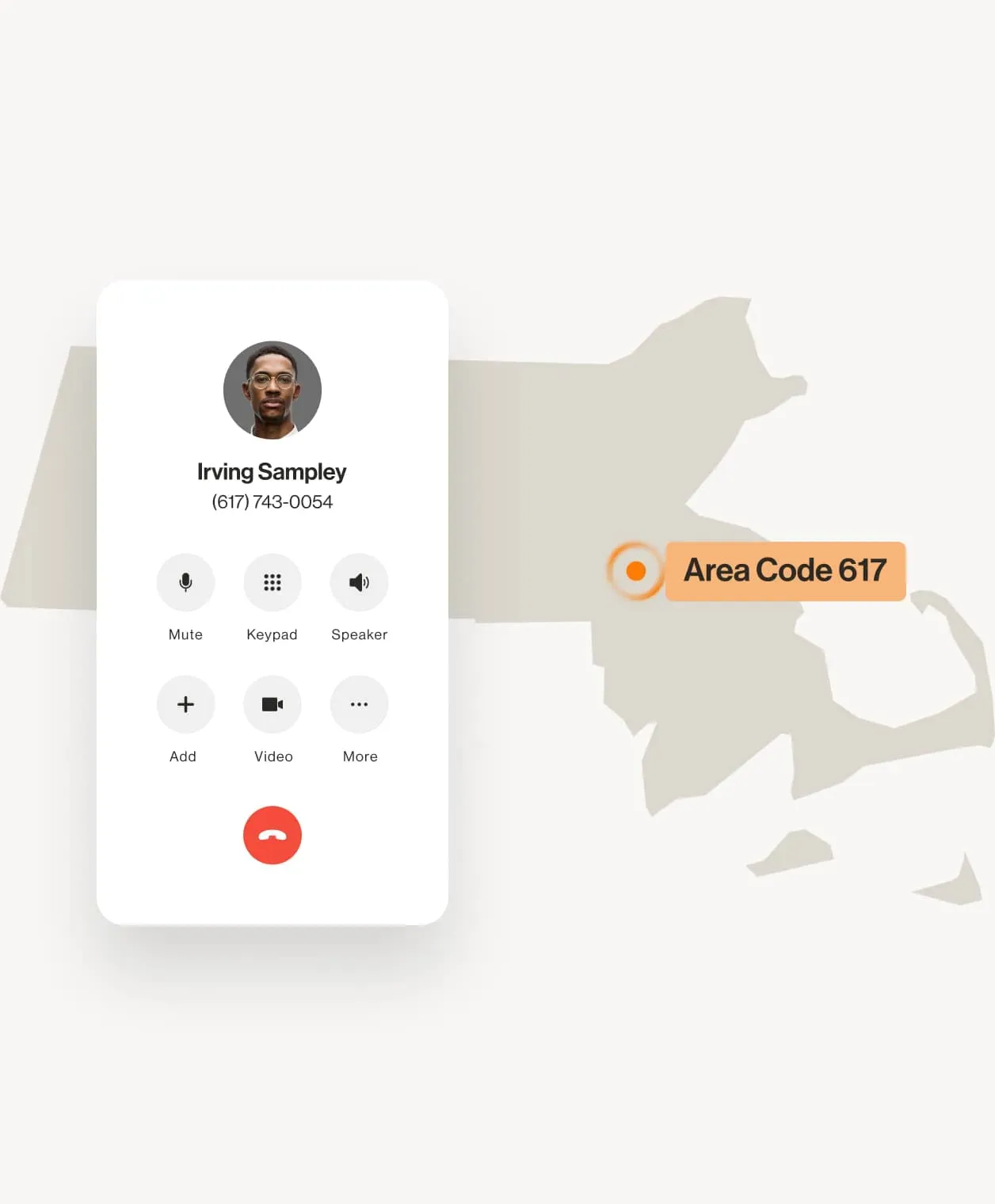 An image of a call going to a 617 area code phone number over the map of Boston, Massachusetts