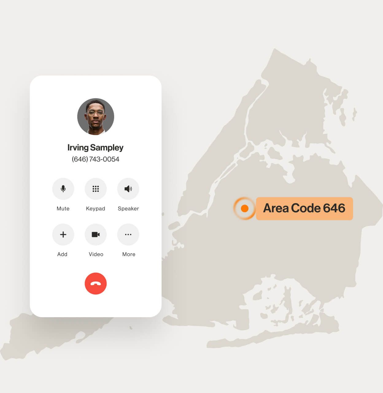 A contact number displayed on a RingCentral dialpad displayed over a map of area code 646