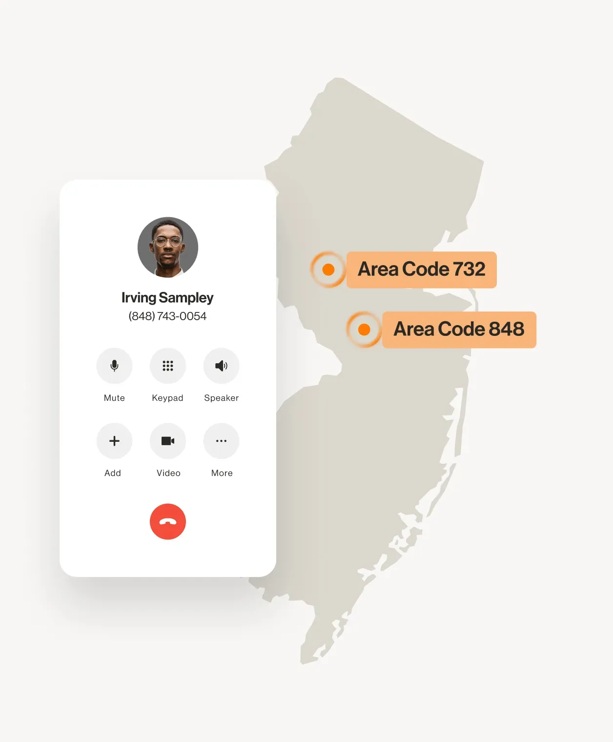 An image of a call going to a 732 area code and 848 area code phone number over the map of New Jersey