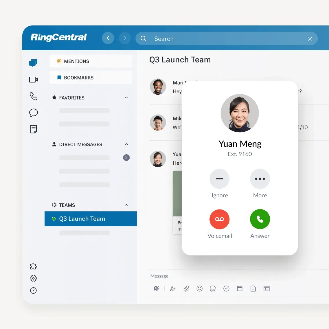 An incoming call in the RingCentral app