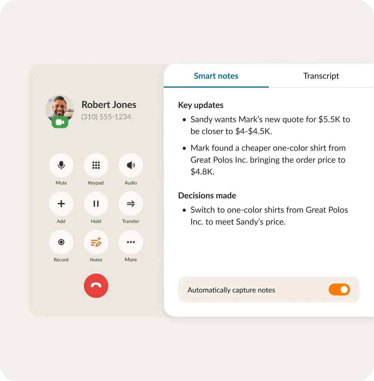 The smart notes feature powered by RingSense AI