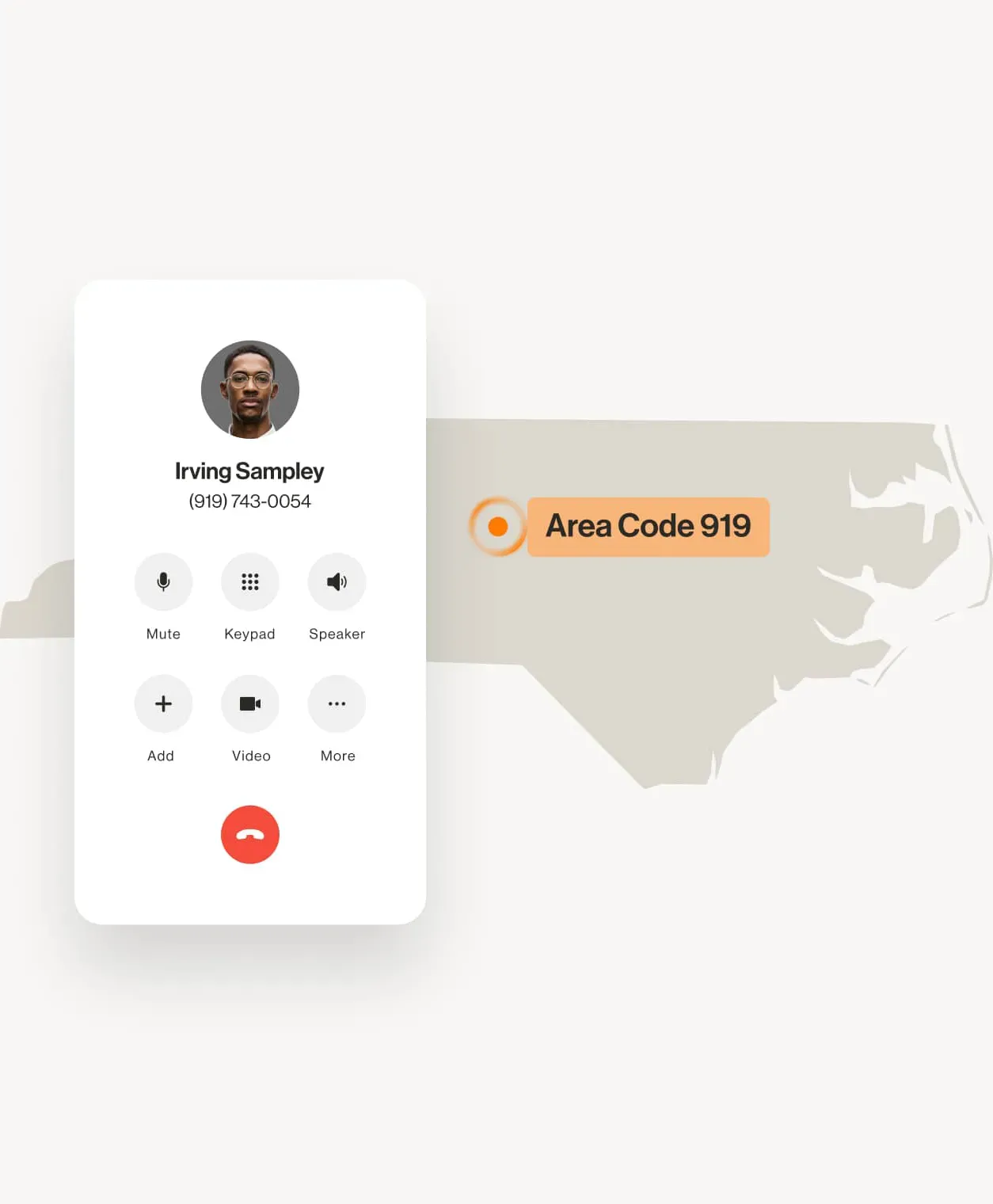 An image of a call going to a 919 area code phone number over the map of North Carolina