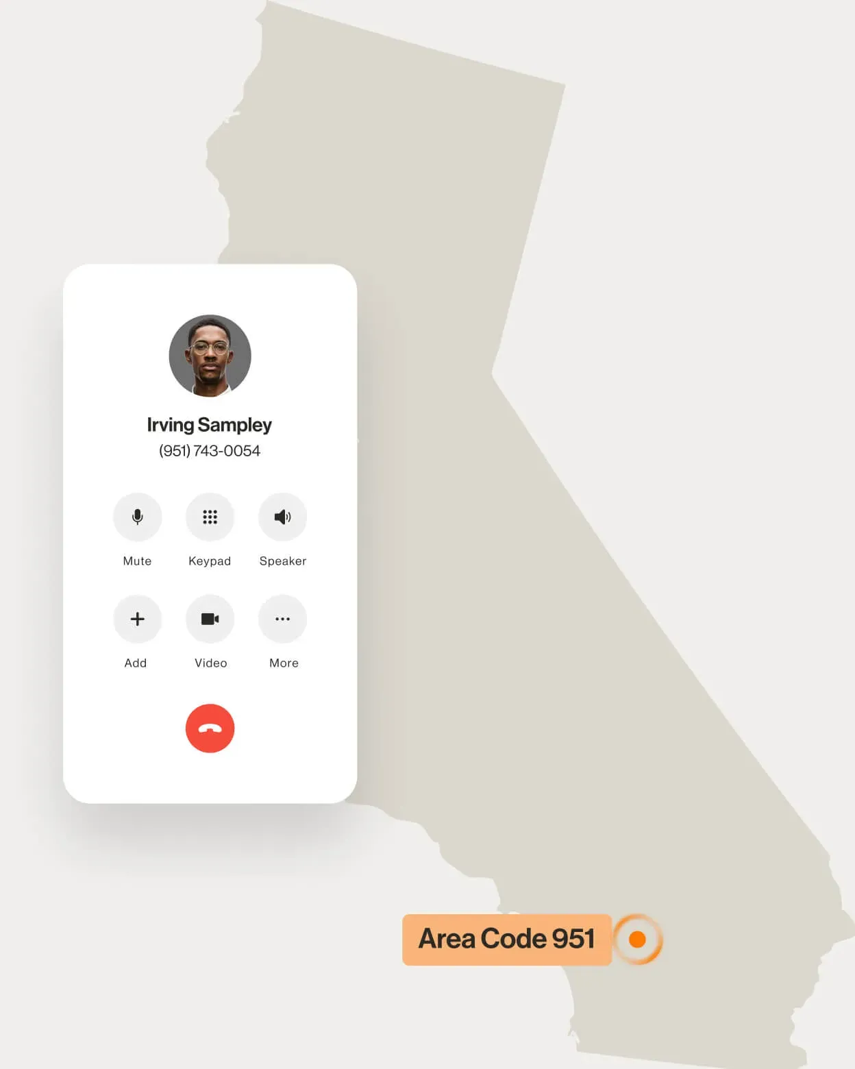 A contact number displayed on a RingCentral Dialpad displayed over a map of area code 951