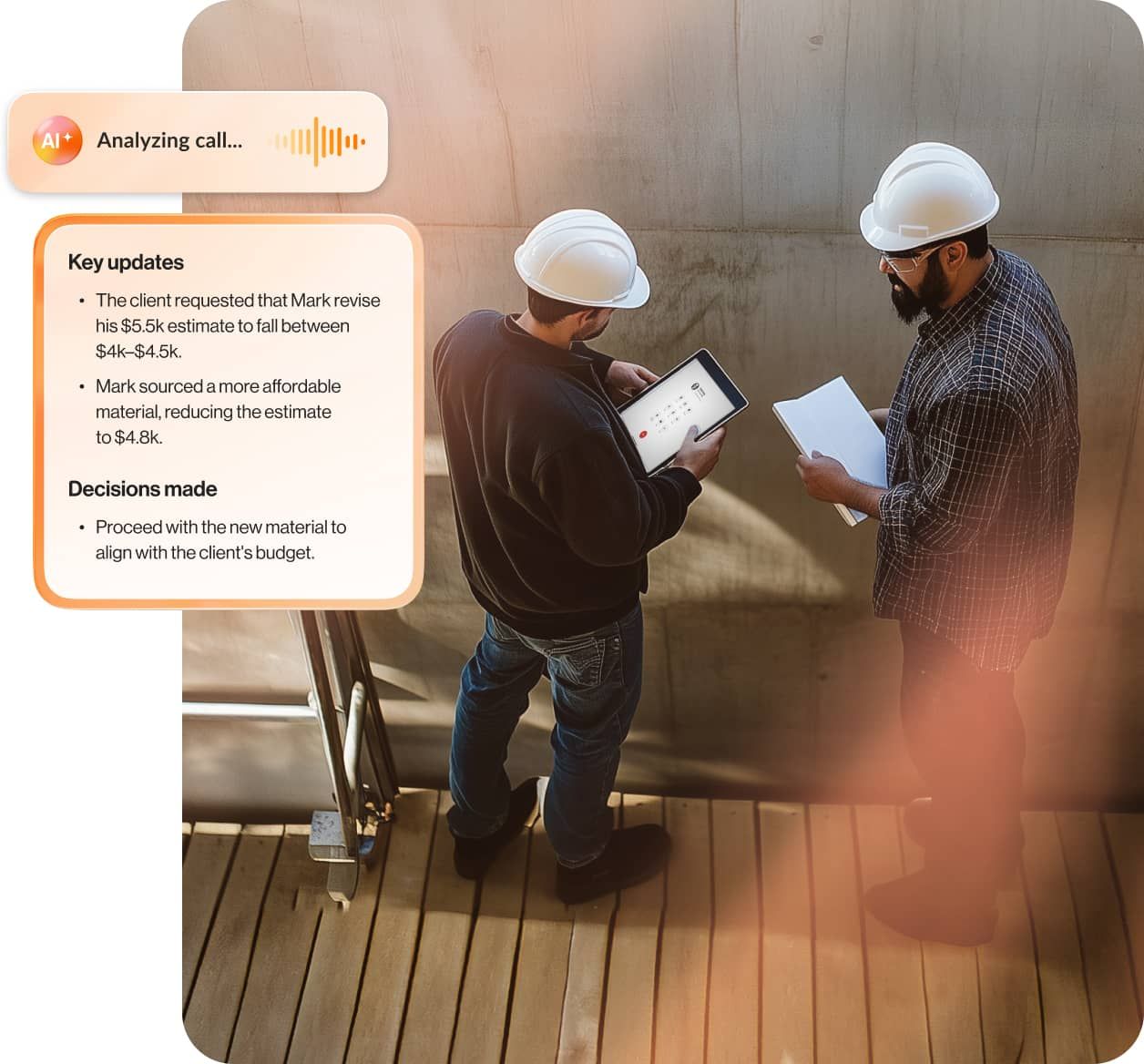 Construction site managers are on a conference call on a tablet with an inset showing AI-powered call summary
