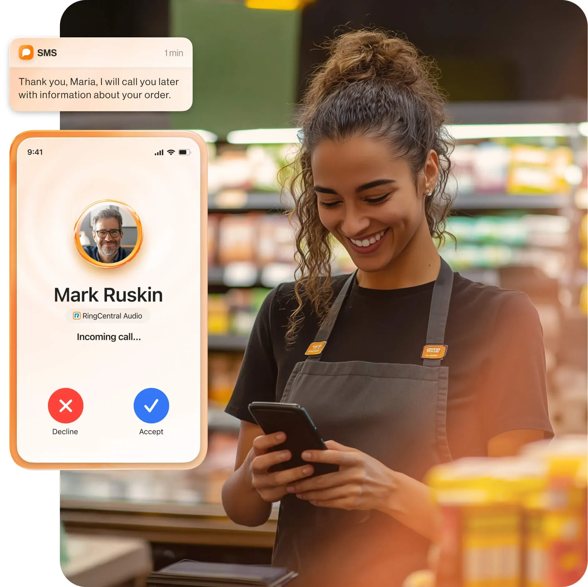 Female store employee checks her phone for SMS and call notifications from the RingCentral app