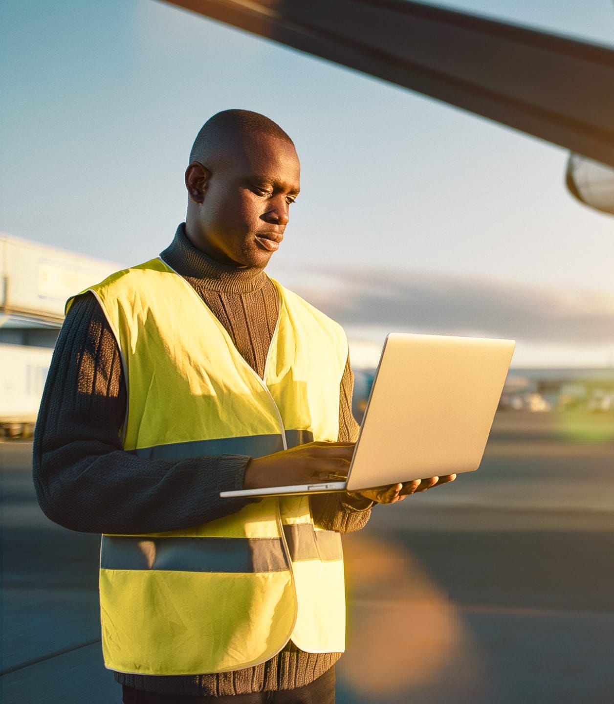 Airline staff member checking notifications on the RingCentral app using a laptop.
