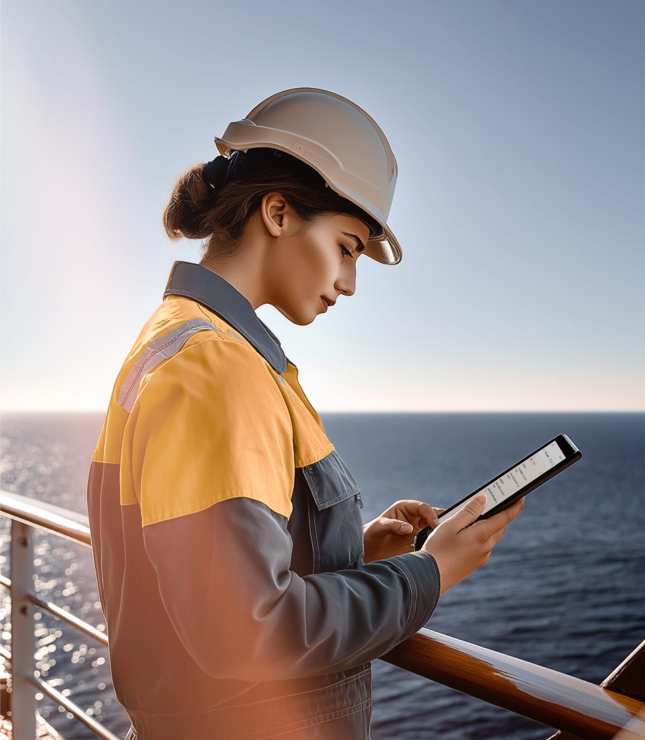 Logistics staff checking marine shipment status on the RingCentral app on a tablet.