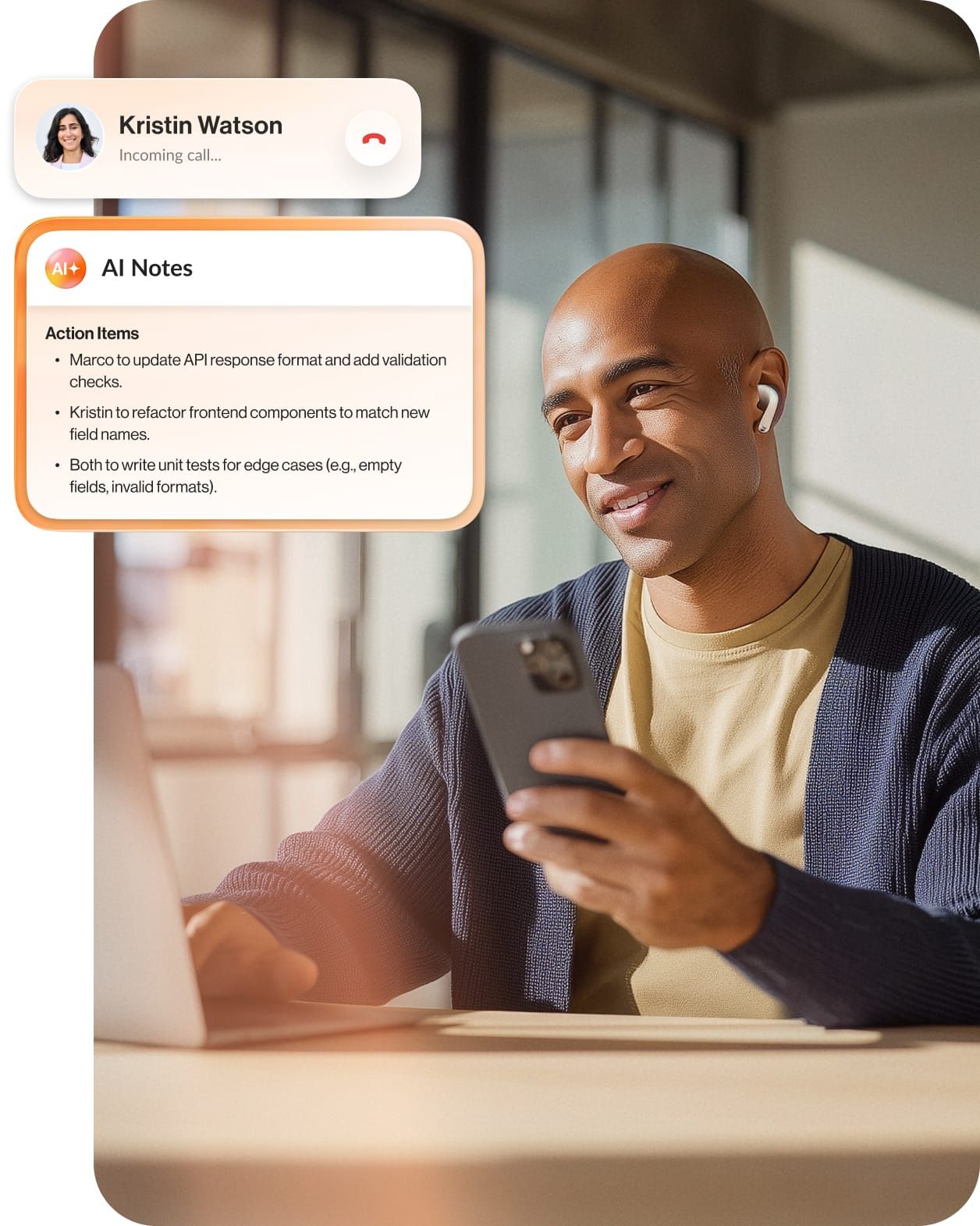 A young man is on an audio call with an inset of the RingCentral AI Notes feature