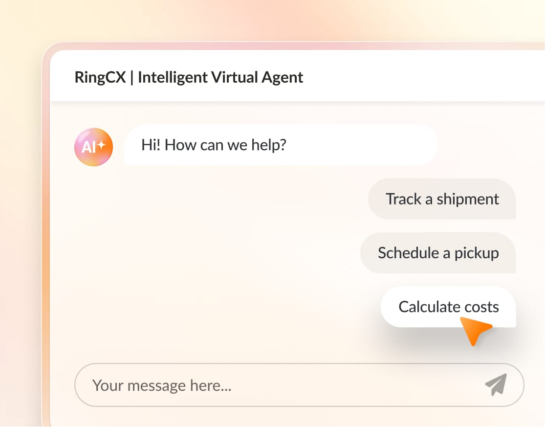 RingCX intelligent virtual agent (IVA) providing shipment cost calculations for a customer.