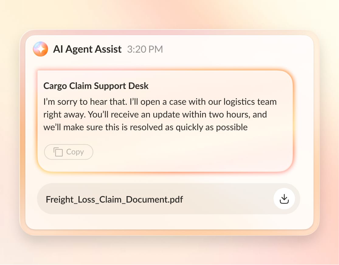 Agent using RingCX Agent Assist to handle a freight loss claim.