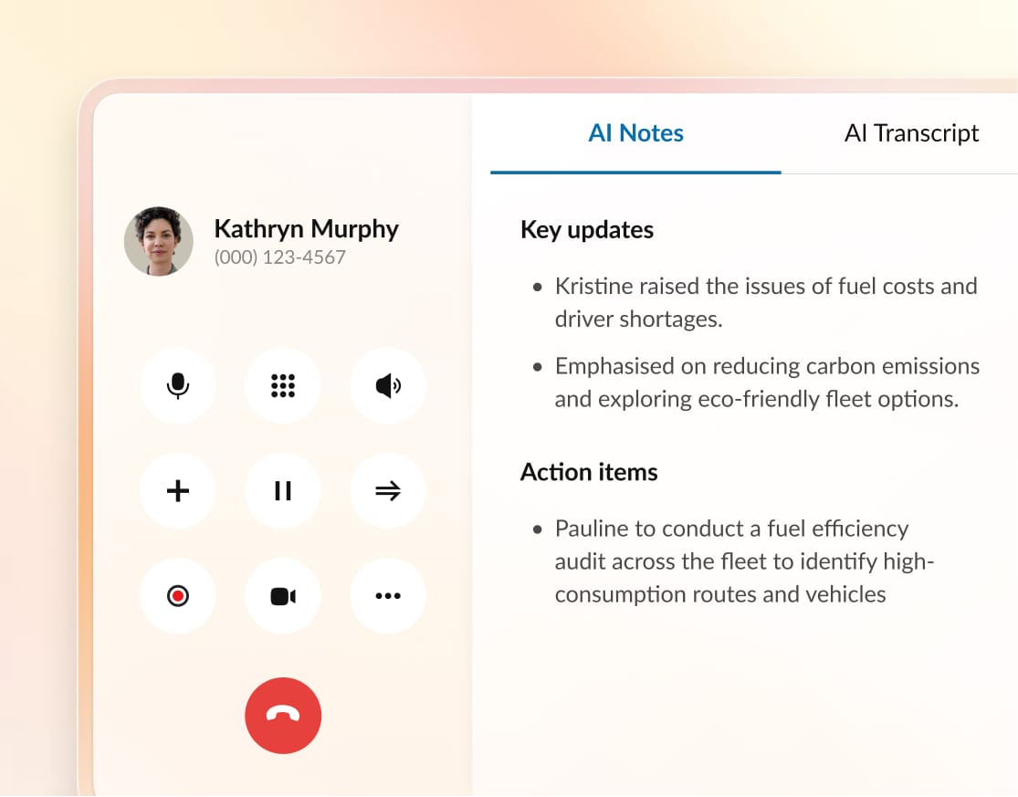RingCentral AI coaching insights dashboard highlighting agent call feedback, communication strengths, and performance growth opportunities.