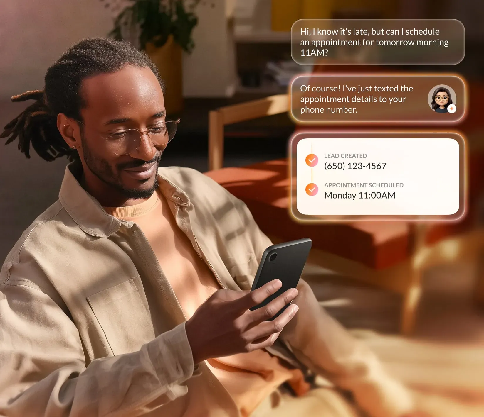 AI Receptionist helps a man book an appointment and logs his details as a new lead