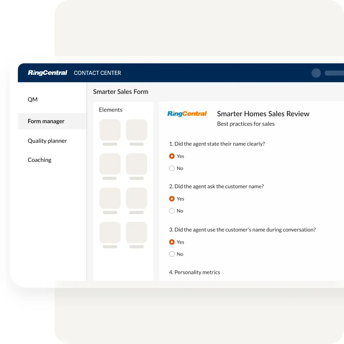Smarter Home Sales Review form viewed within the Contact Center platform
