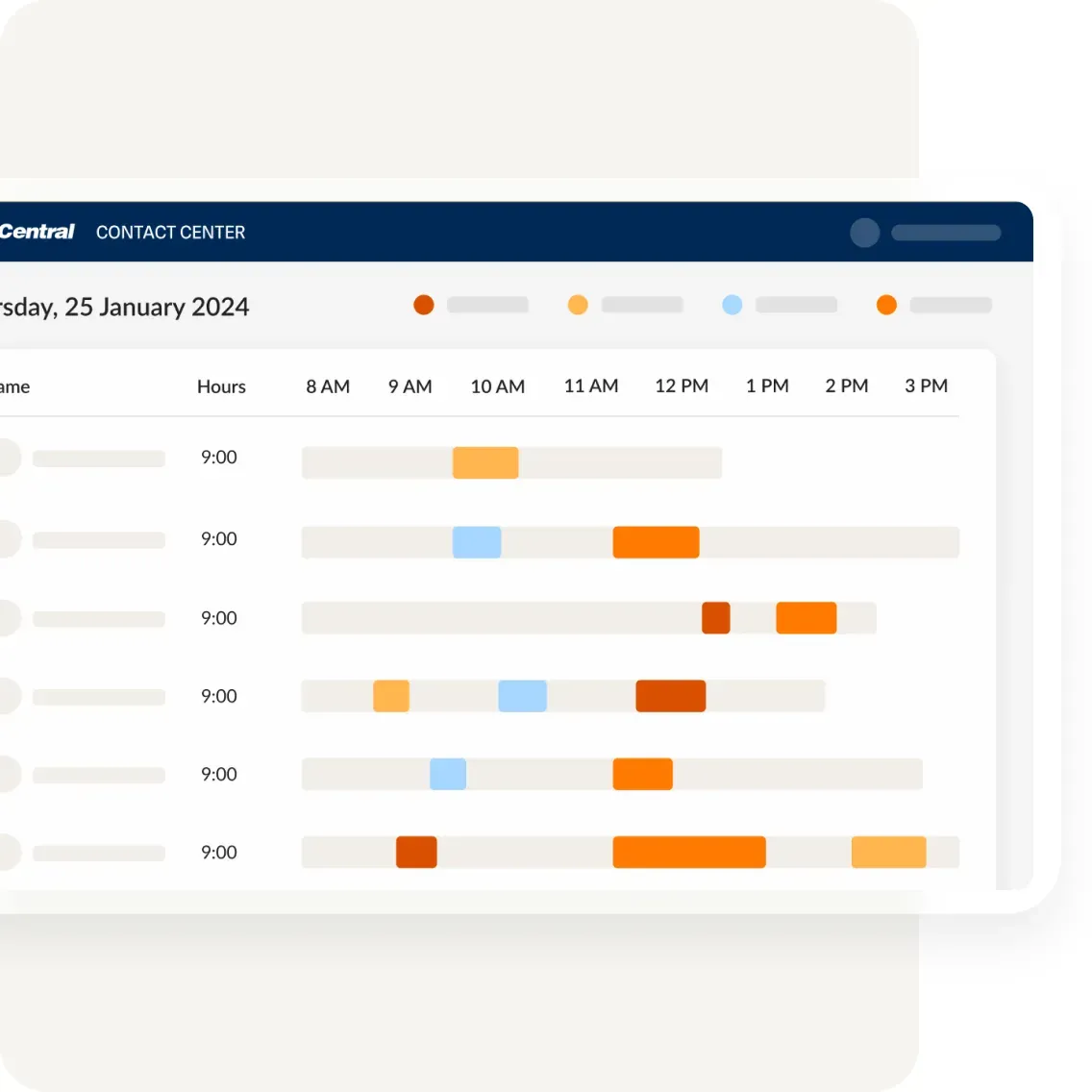 Agent schedule viewed within the RingCentral Contact Center platform