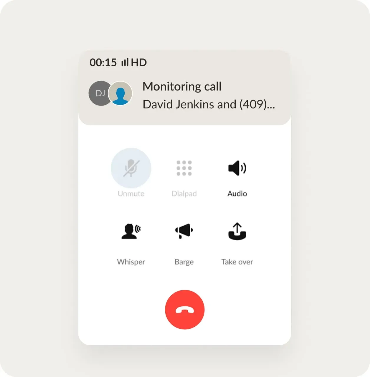 An ongoing call being monitored in the RingCentral app